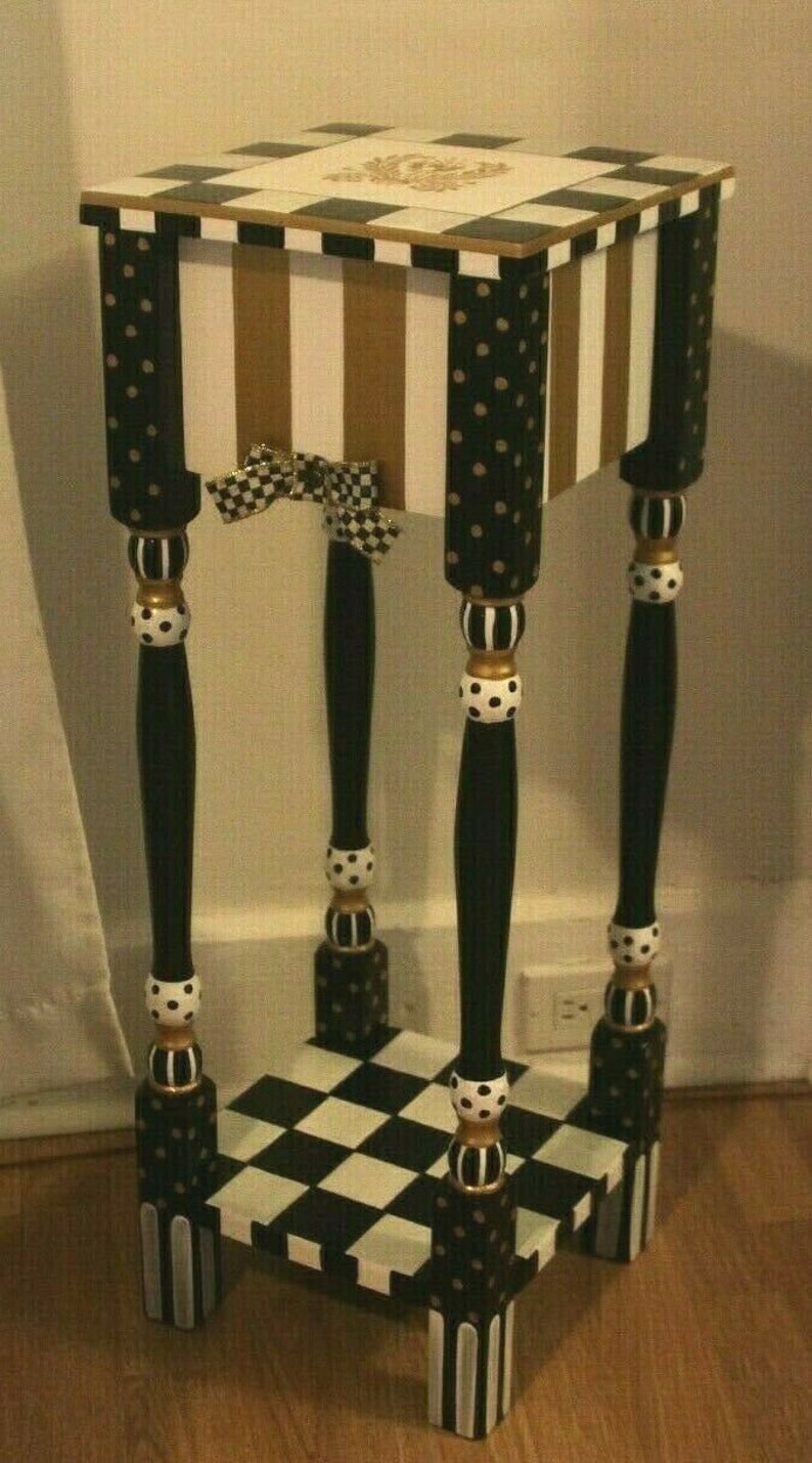 Whimsical Gold & White Striped Nightstand. Black and White Etsy