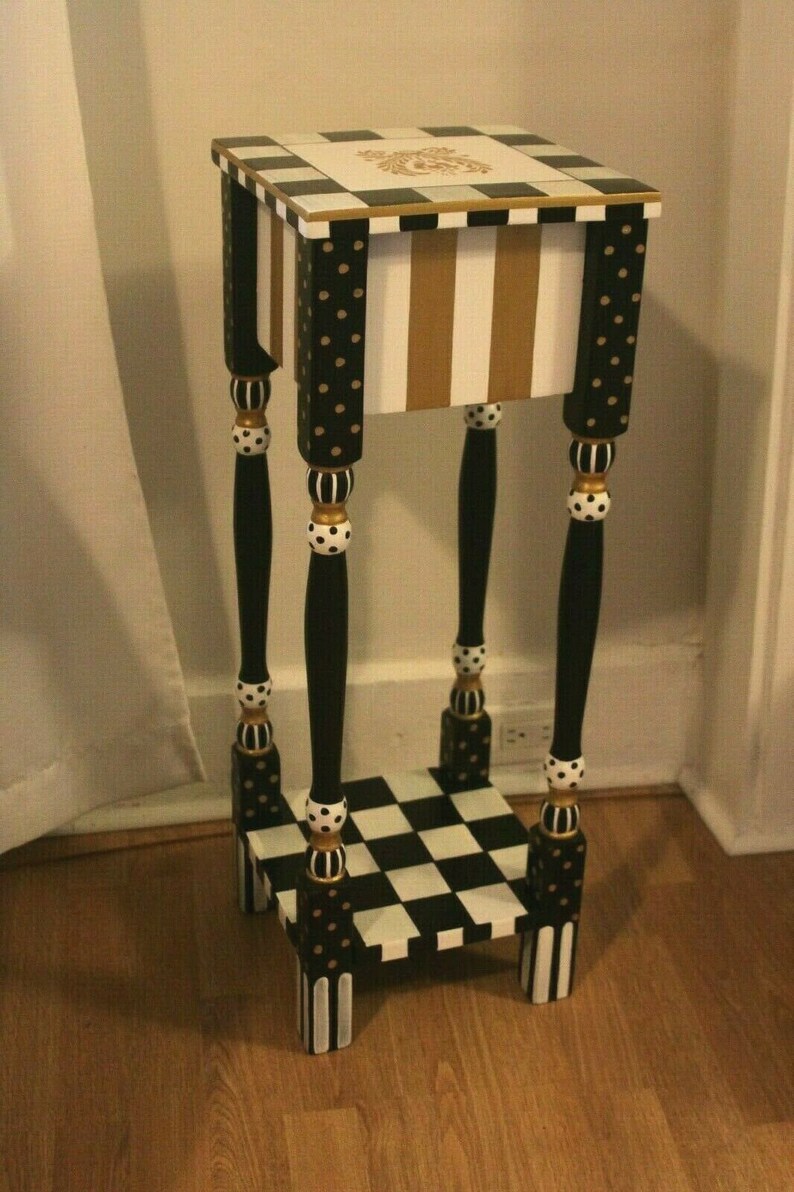 Whimsical Gold & White Striped Nightstand. Black and White Etsy