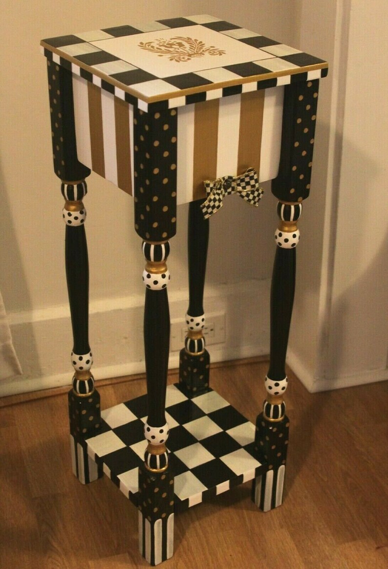 Whimsical Gold & White Striped Nightstand. Black and White Etsy