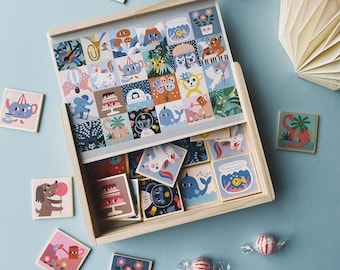 Wooden memory game / 48 illustrated pieces in wooden box