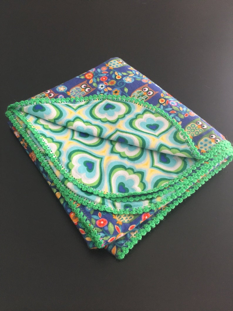 Flannel Baby Blanket crochet edging owls hearts Etsy