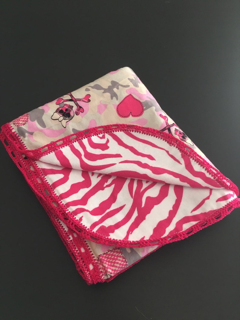 Flannel Baby Blanket Crochet Edges Zebra Pink Camo Skulls Etsy