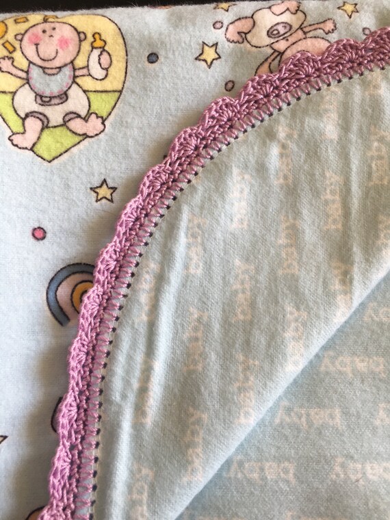 Flannel Baby Blanket Crochet Edging Purple Blue Etsy