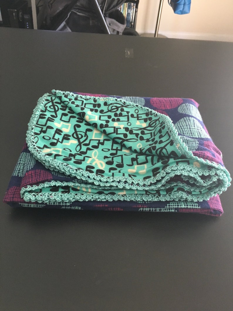 Flannel Baby Blanket crochet edges music polka dots minty ...