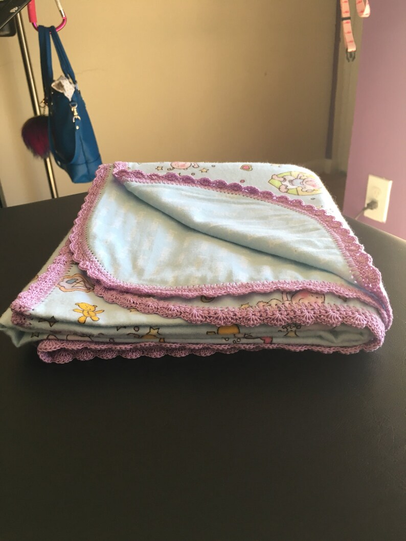 Flannel Baby Blanket Crochet Edging Purple Blue Etsy