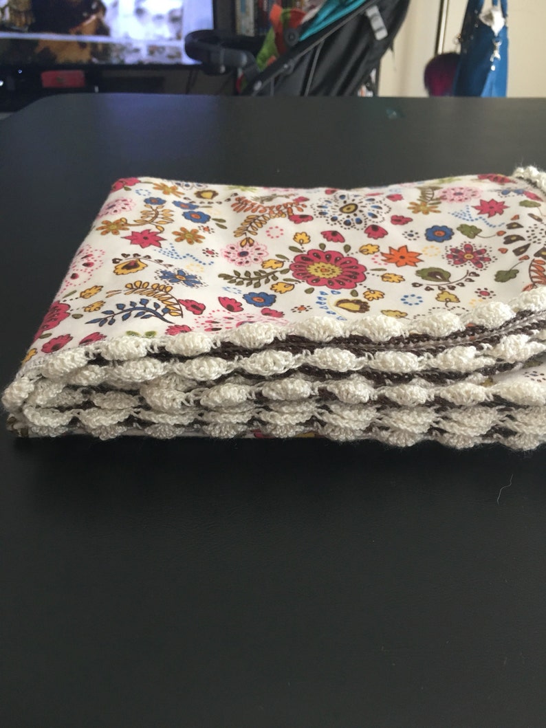 Flannel Baby Blanket Crochet Edging Flowers Vintage Etsy