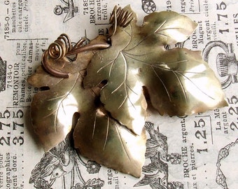 Vintage French Brass and Copper Vine Leaves Brooch, Grapevine Brooch Pin, Scarf Pin