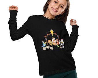 Bluey Nativity Scene Youth Long Sleeve Tee - Christmas Bluey Bingo Heelers Verandah Santa