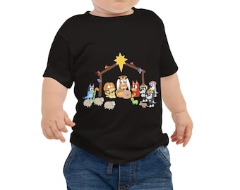 Bluey Nativity Scene Baby Jersey Short Sleeve Tee - Christmas Bluey Bingo Heelers Verandah Santa