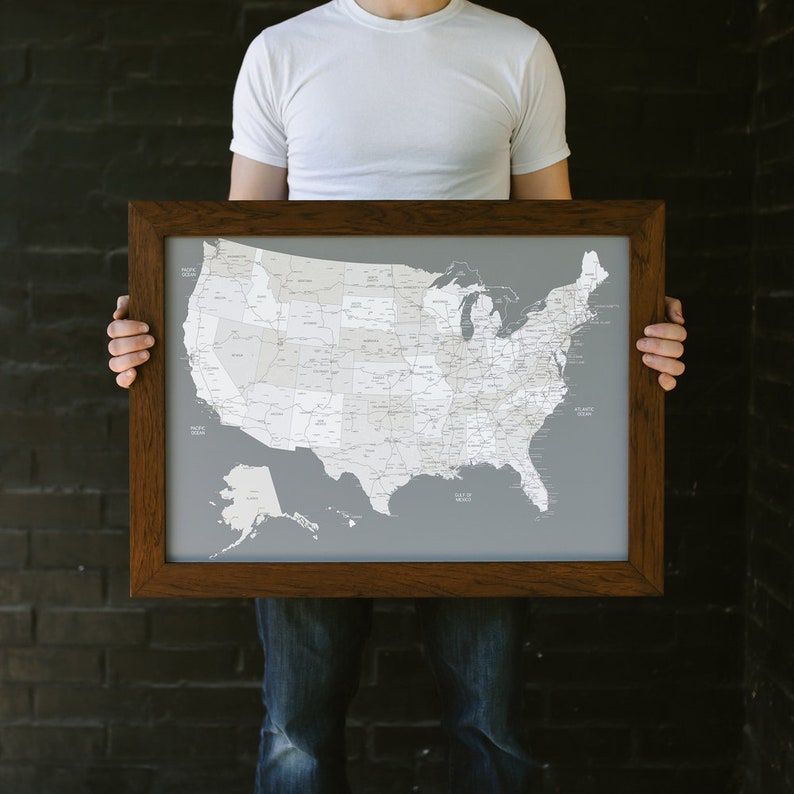 Personalized Guy Gift, Gift For Him Push Pin Map United States with Pins 17'x24 Framed 