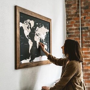 World Map Push Pin Travel Wall Art with Pins Board 24" x 36 Wooden Frame