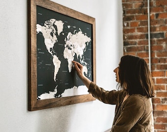World Map Push Pin Travel Wall Art with Pins Board 24" x 36 Wooden Frame
