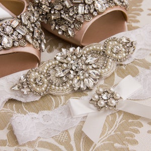 Wedding Garter Set, Bridal Garter, Pearl and Rhinestone Garter and Toss Garter Set, Lace Garter Set, Lace Garters