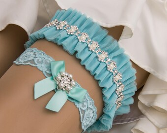 Aqua Blue Wedding Garter Set, Aqua Bridal Garter Set, Aqua Blue Tulle Garter, Tulle Wedding Garter, Pearl Garter, Something Blue