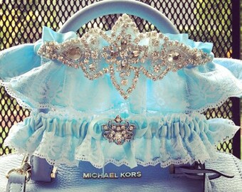 Blue Wedding Garter Set, Something Blue, Blue Garter, Bridal Garter Set, Ribbon Garter, Rhinestone Garter