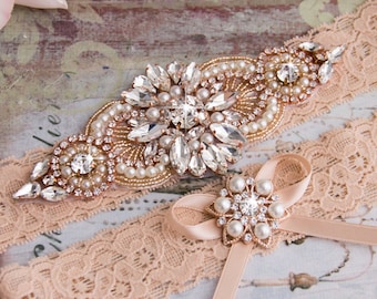 Rose Gold Wedding Garter set, Vintage Blush Bridal Garter set, Blush Lace Garter set, Rose Gold Garter, Blush Lace Garter, Rose Gold Crystal