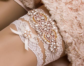 Crystal Bridal Garter Set Wedding Garter Set Rose Gold Garter Rhinestone Garter Crystal Rhinestone Garter and Toss Garter Set