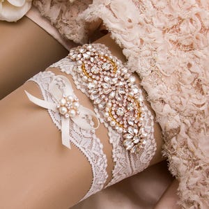 Rose Gold Garter, Rose Gold Wedding Garter Set, Rose Gold Bridal Garter, Rhinestone Rose Gold Garter, Ivory Garter, Blush Garter image 1