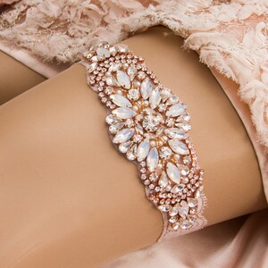 Rose Gold Wedding Garter Set, Rose Gold  Bridal Garter Set, Blush Lace Wedding Garter, Crystal Garter Set, Blush Lace Garter Set