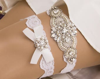 White Wedding Garter set, Bridal Garter set, White Lace Garter set, Rhinestone Garter, White Garter, Crystal Garter Set, Bridal Shower Gift