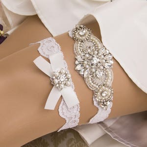White Wedding Garter set, Bridal Garter set, White Lace Garter set, Rhinestone Garter, White Garter, Crystal Garter Set, Bridal Shower Gift