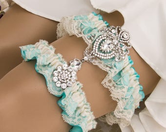 Aqua Blue Bridal garter set, Something Blue Wedding Garter set, Ivory Lace Bridal Garter, Lace Wedding Garter, Rhinestone garter