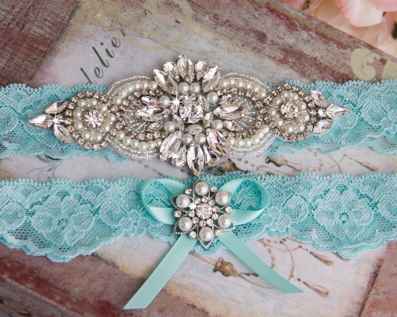Aqua Blue Wedding Garter set Bridal Garter set Blue Lace Garter set Something Blue Crystal Garter set Rhinestone Garter Blue Garter