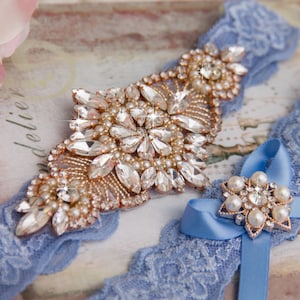 Blue Wedding Garter set, Rose Gold Bridal Garter Set Blue Lace Garter set, Rhinestone Garter, Something Blue Garter Rose Gold Wedding Garter