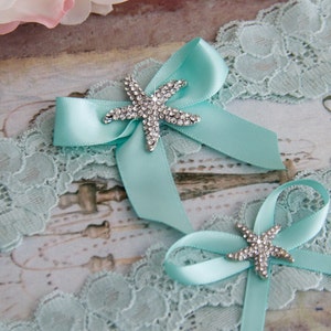 Conjunto de liga de casamento de praia, conjunto de liga de noiva algo azul, liga de renda azul aqua, liga de casamento de renda, conjunto de liga de praia, liga estrela do mar