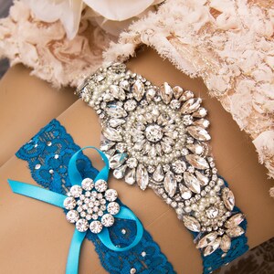 Conjunto de liga de casamento azul. Conjunto de liga de renda azul, liga de casamento de renda, algo azul, liga de cristal, liga de strass, liga personalizada