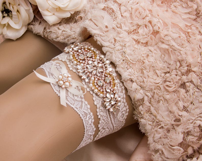 Rose Gold Garter, Rose Gold Wedding Garter Set, Rose Gold Bridal Garter, Rhinestone Rose Gold Garter, Ivory Garter, Blush Garter image 2