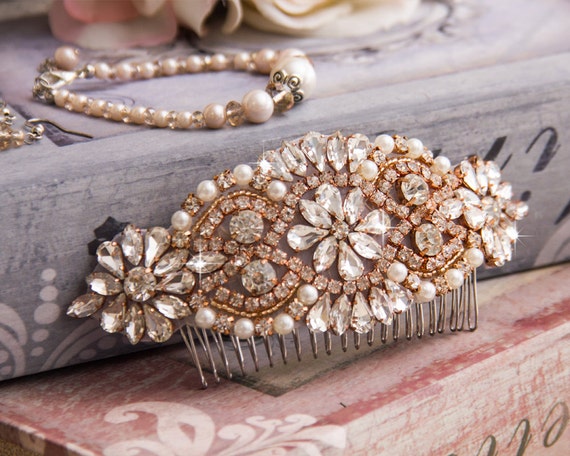 NEW Rose Gold Bridal Comb Rose Gold Bridal Hair Comb: Crystal & Pearl Wedding Hair  main image 3