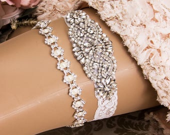 Wedding garter set,  Bridal Garter set, Heirloom Rhinestone and Crystal garters