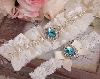 Lace Wedding Garter Set, Aqua Blue Crystal Bridal Garter Set, Tulle and Lace Garter, Off White Lace Garter, Something Blue