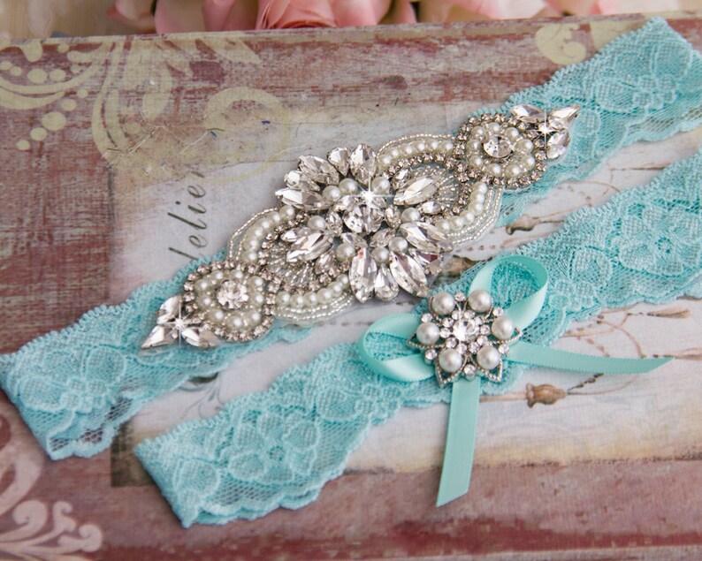 Aqua Blue Wedding Garter set Bridal Garter set Blue Lace Garter set Something Blue Crystal Garter set Rhinestone Garter Blue Garter