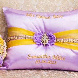 Lavendel- und Goldkissen für Quinceanera, Mis 15 Anos Schuhkissen, Accesorios de Quince Anos, Sweet 16 Kniekissen