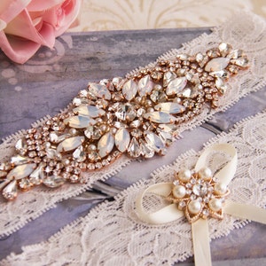 Wedding Garter set, Rose Gold Bridal Garter set, Ivory Lace Garter set, Rhinestone Garter, Ivory Garter, Rose Gold Crystal Garter