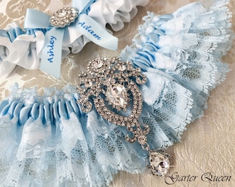 Blue Lace Wedding Garter Set< Blue Lace Garter Set, Lace Wedding Garter, Something Blue, Rhinestone Garter, Personalized Garter