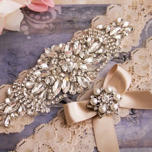 Conjunto de liga de casamento champanhe, liga de noiva champanhe, liga de strass, liga de casamento de cristal, conjunto de liga de noiva de strass