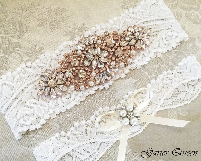 Rose Gold Garter, Rose Gold Wedding Garter Set, Rose Gold Bridal Garter, Rhinestone Rose Gold Garter, Ivory Garter, Blush Garter image 6