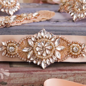 Rose Gold Wedding Sash, Rhinestone  and Pearl Sash, Prom Sash, Crystal Sash, Blush Wedding Sash belt