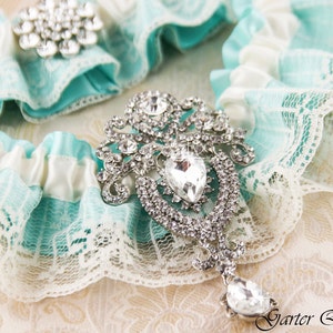 Blue Wedding Garter Set, Something Blue, Aqua Blue Bridal Garter Set, Ivory Lace Garter Set, Blue Lace Wedding Garter Set, Ivory Garter Set