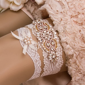 Rose Gold Garter, Rose Gold Wedding Garter Set, Rose Gold Bridal Garter, Rhinestone Rose Gold Garter, Ivory Garter, Blush Garter image 4