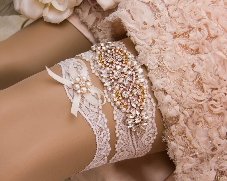 Rose Gold Garter, Rose Gold Wedding Garter Set, Rose Gold Bridal Garter, Rhinestone Rose Gold Garter, Ivory Garter, Blush Garter image 4