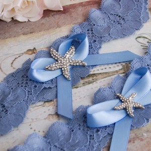 Conjunto de liga de casamento de praia, conjunto de liga de noiva algo azul, liga de renda azul, liga de casamento de renda, conjunto de liga de praia, liga de estrela do mar