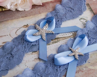 Beach Wedding Garter Set, Something Blue Bridal Garter Set, Blue Lace Garter, Lace Wedding Garter,  Beach Garter Set, Starfish Garter