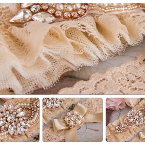 Champagne Wedding Garter Set, Rose Gold Bridal Garter Set, Champagne Tulle Garter, Lace Wedding Garter, Rose Gold garter image 2