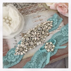 Conjunto de liga de noiva, conjunto de liga de casamento ALGO AZUL, liga azul Aqua, liga de casamento de renda