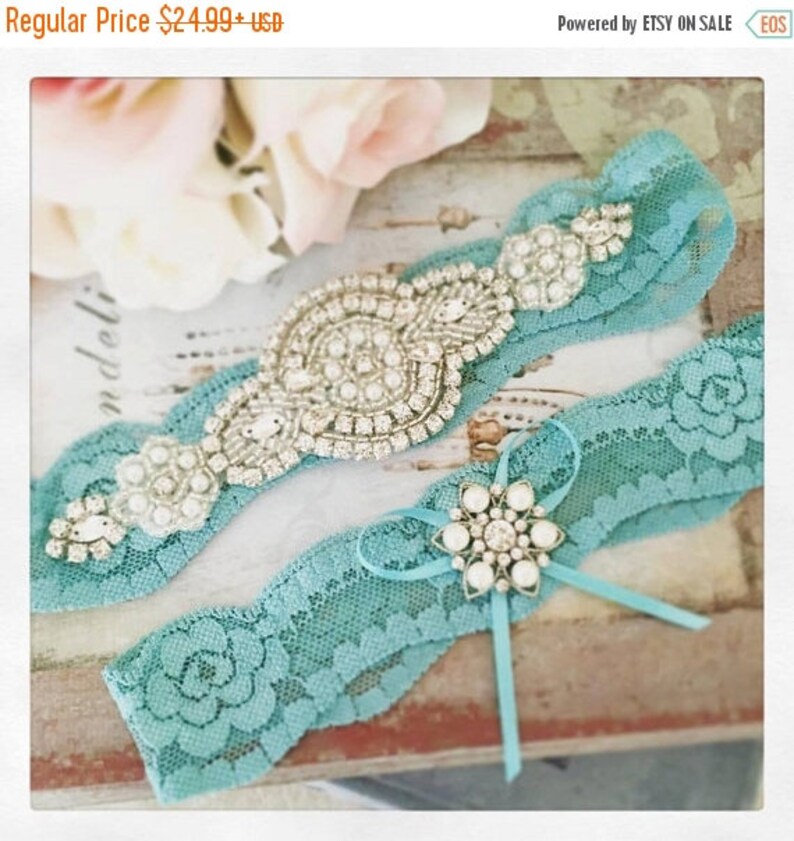 Wedding garter set Lace garter Bridal garter set Aqua Blue garter Something Blue