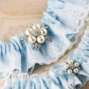 Something Blue Wedding Garter Set, Blue Bridal Garter Set, Pearl Garter Set, Keepsake Garter, Tossing Garter, Personalized Garters